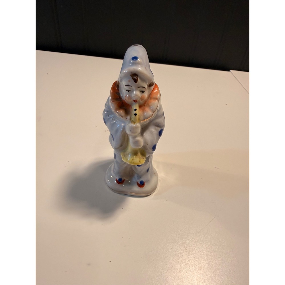 Vintage MK Japan Porcelain Clown Figurine Bud Vase Hand Painted Blue Polka Dot